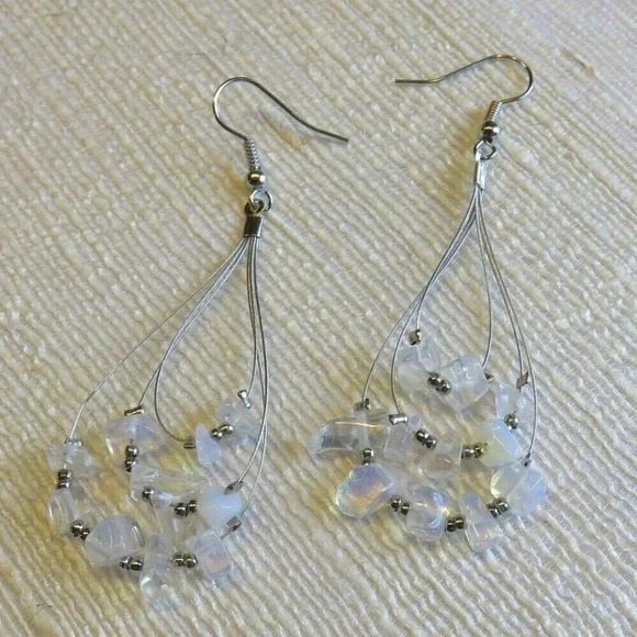 Handmade Opalite Gemstone Beads Triple Teardrop Loop 70mm Long Earrings